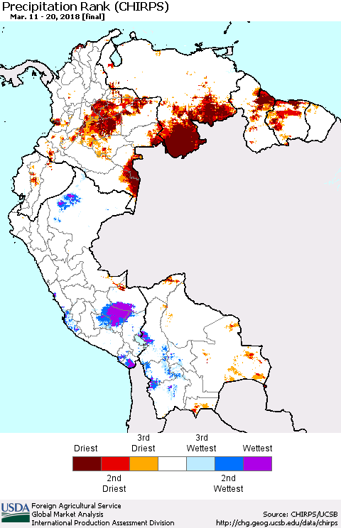 Northern South America Precipitation Rank since 1981 (CHIRPS) Thematic Map For 3/11/2018 - 3/20/2018