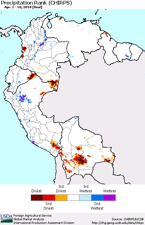 Northern South America Precipitation Rank since 1981 (CHIRPS) Thematic Map For 4/1/2018 - 4/10/2018
