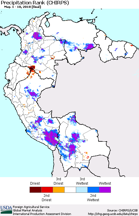 Northern South America Precipitation Rank since 1981 (CHIRPS) Thematic Map For 5/1/2018 - 5/10/2018