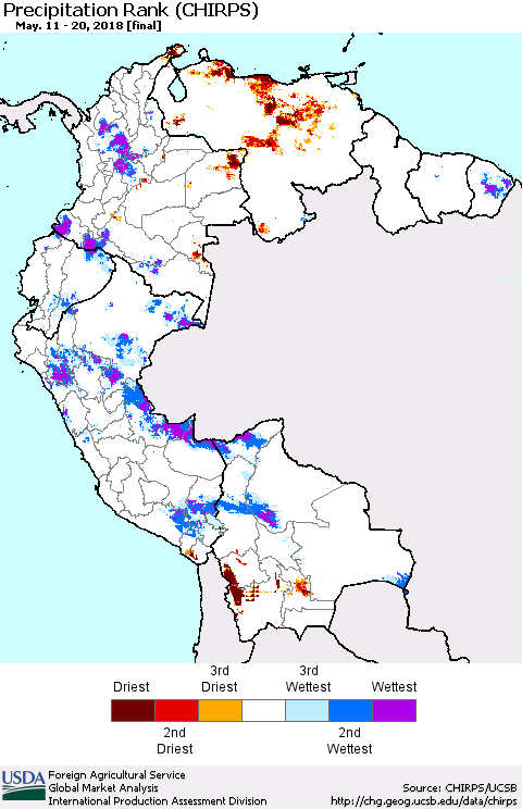 Northern South America Precipitation Rank since 1981 (CHIRPS) Thematic Map For 5/11/2018 - 5/20/2018