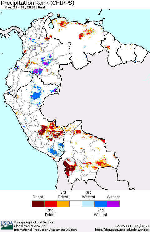 Northern South America Precipitation Rank since 1981 (CHIRPS) Thematic Map For 5/21/2018 - 5/31/2018