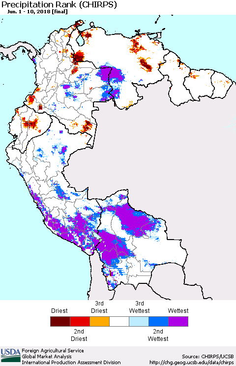 Northern South America Precipitation Rank since 1981 (CHIRPS) Thematic Map For 6/1/2018 - 6/10/2018