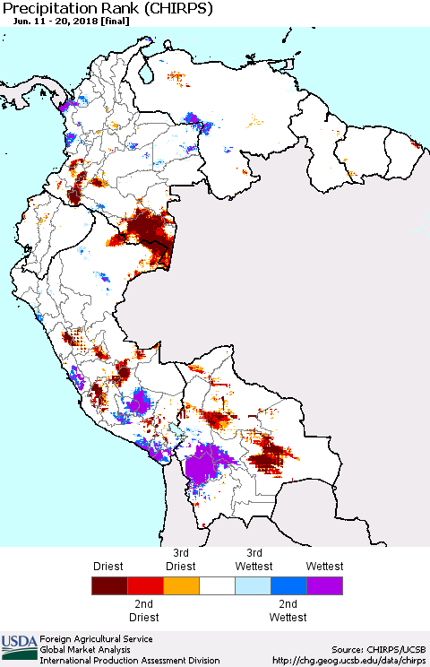 Northern South America Precipitation Rank since 1981 (CHIRPS) Thematic Map For 6/11/2018 - 6/20/2018