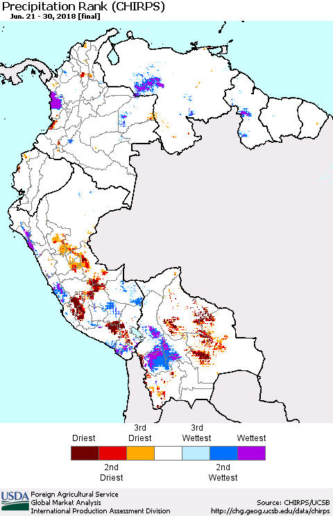 Northern South America Precipitation Rank since 1981 (CHIRPS) Thematic Map For 6/21/2018 - 6/30/2018