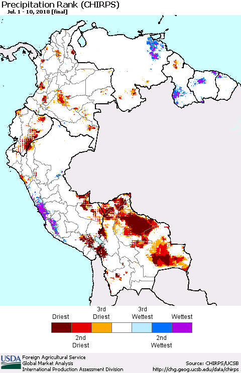 Northern South America Precipitation Rank since 1981 (CHIRPS) Thematic Map For 7/1/2018 - 7/10/2018