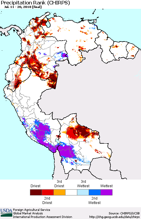 Northern South America Precipitation Rank since 1981 (CHIRPS) Thematic Map For 7/11/2018 - 7/20/2018