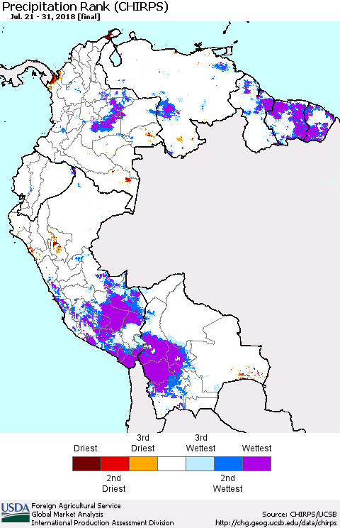 Northern South America Precipitation Rank since 1981 (CHIRPS) Thematic Map For 7/21/2018 - 7/31/2018
