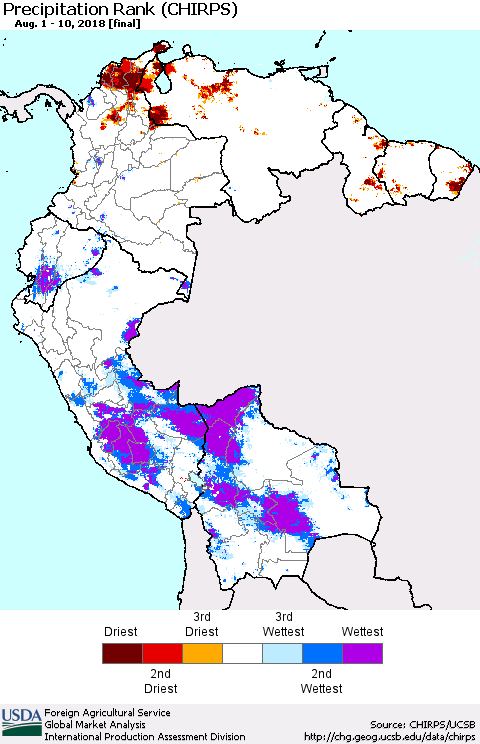 Northern South America Precipitation Rank since 1981 (CHIRPS) Thematic Map For 8/1/2018 - 8/10/2018