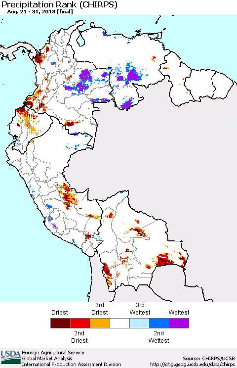 Northern South America Precipitation Rank since 1981 (CHIRPS) Thematic Map For 8/21/2018 - 8/31/2018