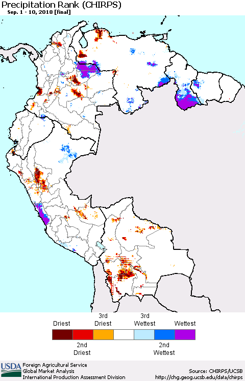 Northern South America Precipitation Rank since 1981 (CHIRPS) Thematic Map For 9/1/2018 - 9/10/2018