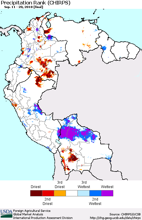 Northern South America Precipitation Rank since 1981 (CHIRPS) Thematic Map For 9/11/2018 - 9/20/2018