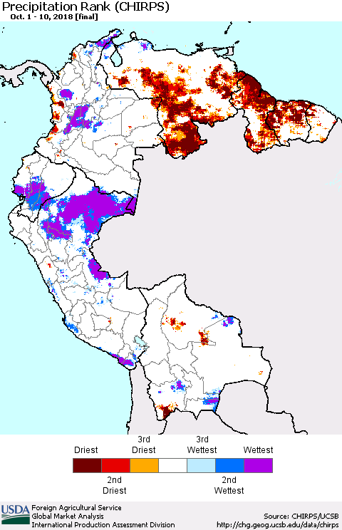 Northern South America Precipitation Rank since 1981 (CHIRPS) Thematic Map For 10/1/2018 - 10/10/2018
