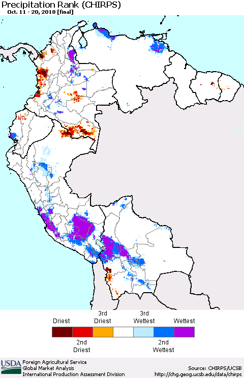 Northern South America Precipitation Rank since 1981 (CHIRPS) Thematic Map For 10/11/2018 - 10/20/2018