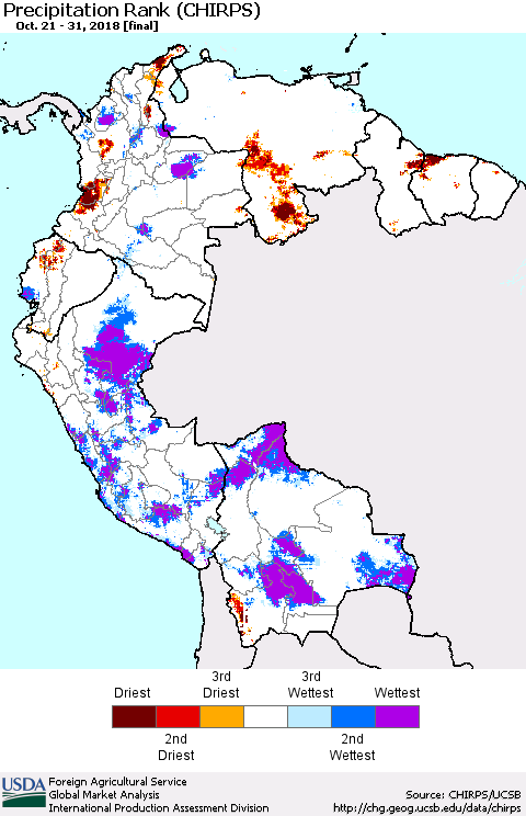 Northern South America Precipitation Rank since 1981 (CHIRPS) Thematic Map For 10/21/2018 - 10/31/2018