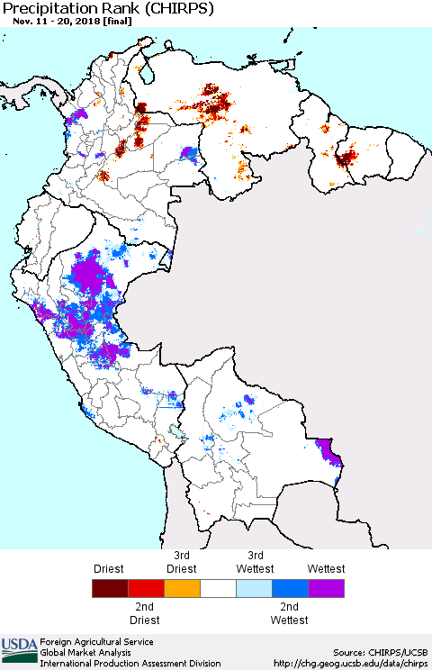 Northern South America Precipitation Rank since 1981 (CHIRPS) Thematic Map For 11/11/2018 - 11/20/2018