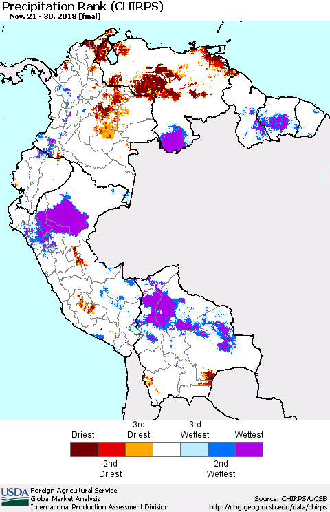 Northern South America Precipitation Rank since 1981 (CHIRPS) Thematic Map For 11/21/2018 - 11/30/2018