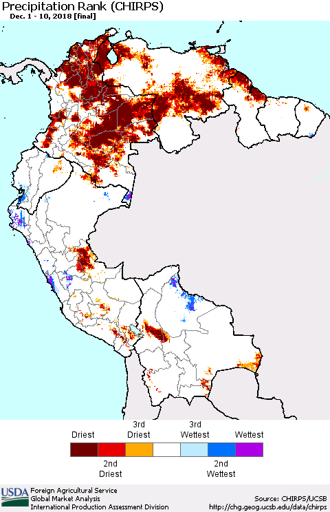 Northern South America Precipitation Rank since 1981 (CHIRPS) Thematic Map For 12/1/2018 - 12/10/2018