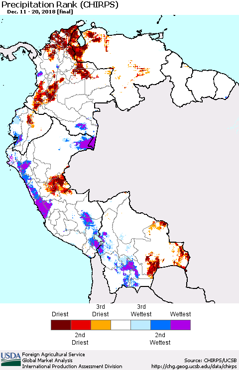 Northern South America Precipitation Rank since 1981 (CHIRPS) Thematic Map For 12/11/2018 - 12/20/2018