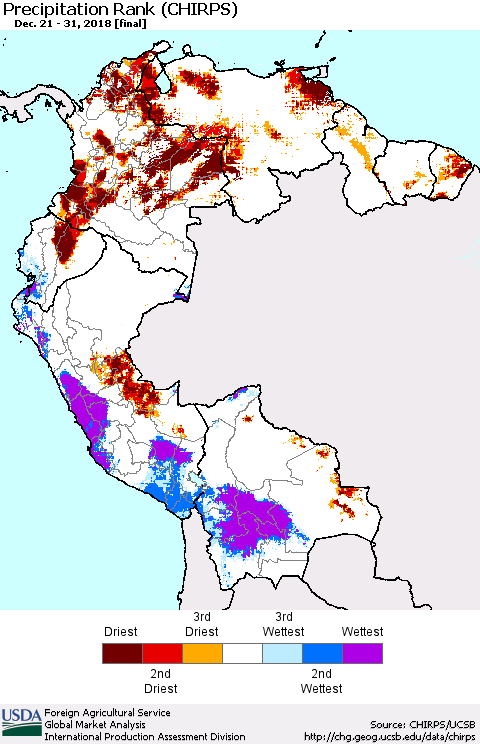 Northern South America Precipitation Rank since 1981 (CHIRPS) Thematic Map For 12/21/2018 - 12/31/2018