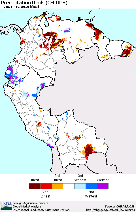 Northern South America Precipitation Rank since 1981 (CHIRPS) Thematic Map For 1/1/2019 - 1/10/2019