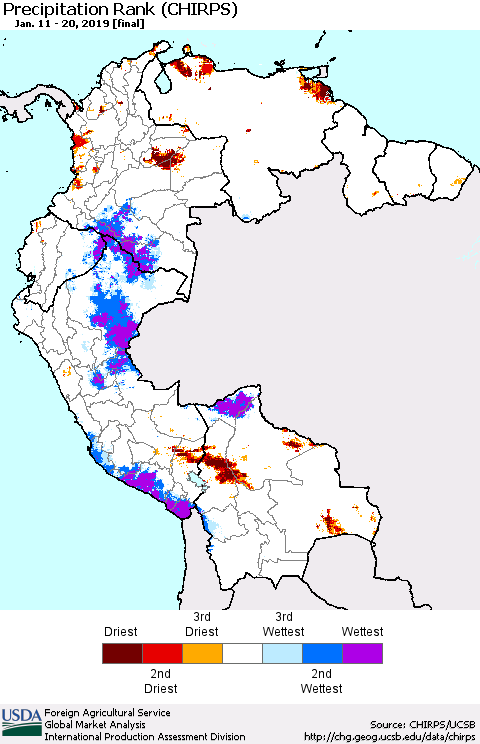 Northern South America Precipitation Rank since 1981 (CHIRPS) Thematic Map For 1/11/2019 - 1/20/2019