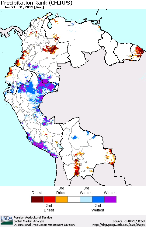 Northern South America Precipitation Rank since 1981 (CHIRPS) Thematic Map For 1/21/2019 - 1/31/2019