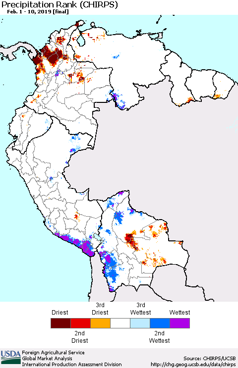 Northern South America Precipitation Rank since 1981 (CHIRPS) Thematic Map For 2/1/2019 - 2/10/2019
