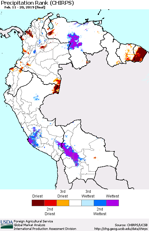 Northern South America Precipitation Rank since 1981 (CHIRPS) Thematic Map For 2/11/2019 - 2/20/2019
