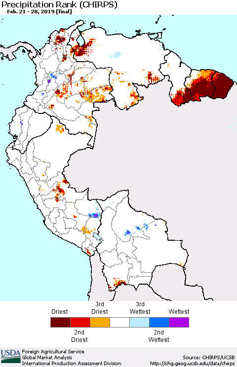 Northern South America Precipitation Rank since 1981 (CHIRPS) Thematic Map For 2/21/2019 - 2/28/2019