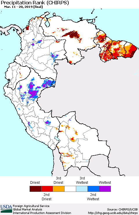 Northern South America Precipitation Rank since 1981 (CHIRPS) Thematic Map For 3/11/2019 - 3/20/2019