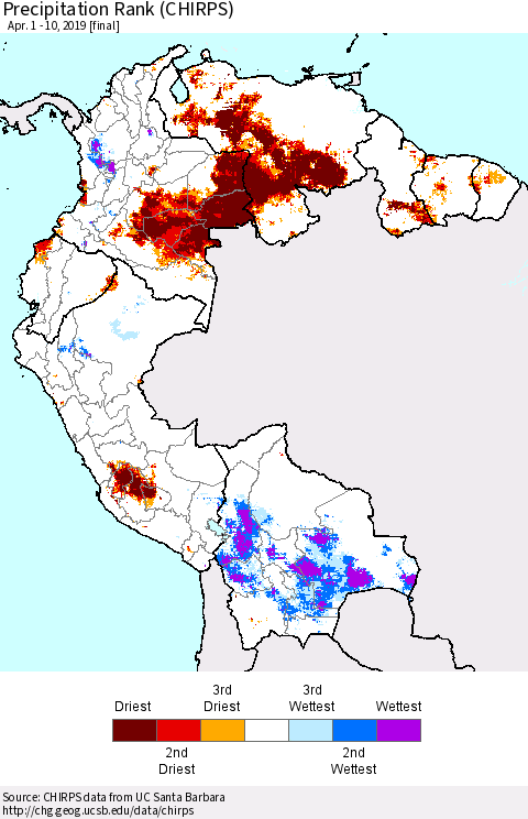 Northern South America Precipitation Rank since 1981 (CHIRPS) Thematic Map For 4/1/2019 - 4/10/2019
