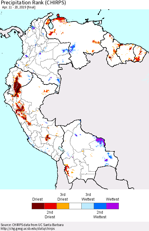 Northern South America Precipitation Rank since 1981 (CHIRPS) Thematic Map For 4/11/2019 - 4/20/2019