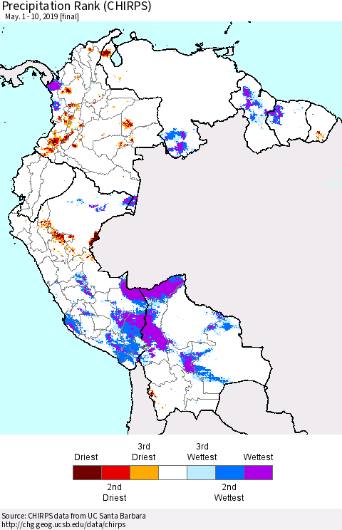 Northern South America Precipitation Rank since 1981 (CHIRPS) Thematic Map For 5/1/2019 - 5/10/2019