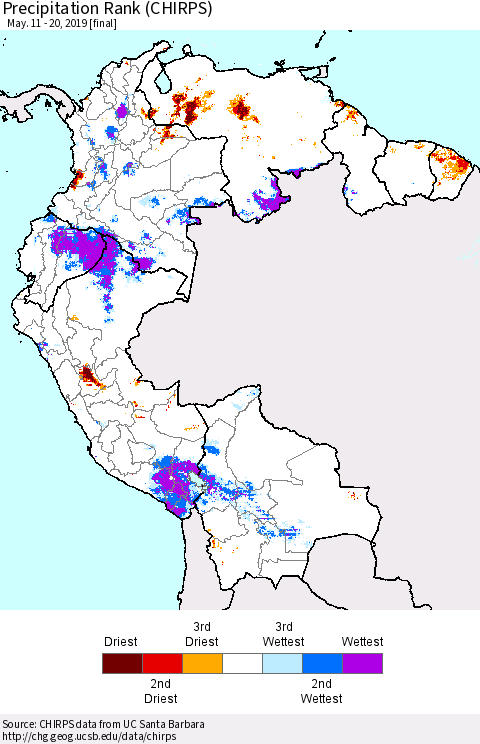 Northern South America Precipitation Rank since 1981 (CHIRPS) Thematic Map For 5/11/2019 - 5/20/2019