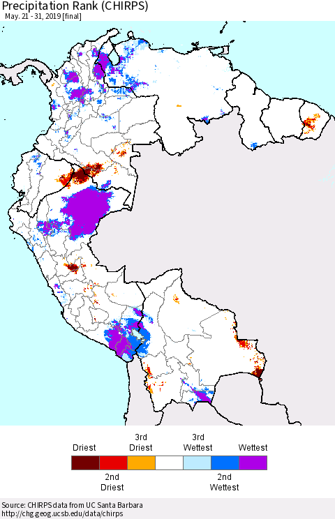 Northern South America Precipitation Rank since 1981 (CHIRPS) Thematic Map For 5/21/2019 - 5/31/2019