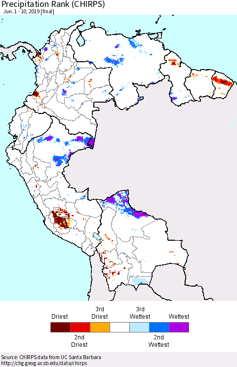 Northern South America Precipitation Rank since 1981 (CHIRPS) Thematic Map For 6/1/2019 - 6/10/2019