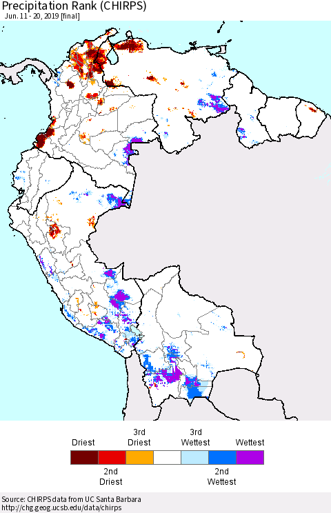 Northern South America Precipitation Rank since 1981 (CHIRPS) Thematic Map For 6/11/2019 - 6/20/2019