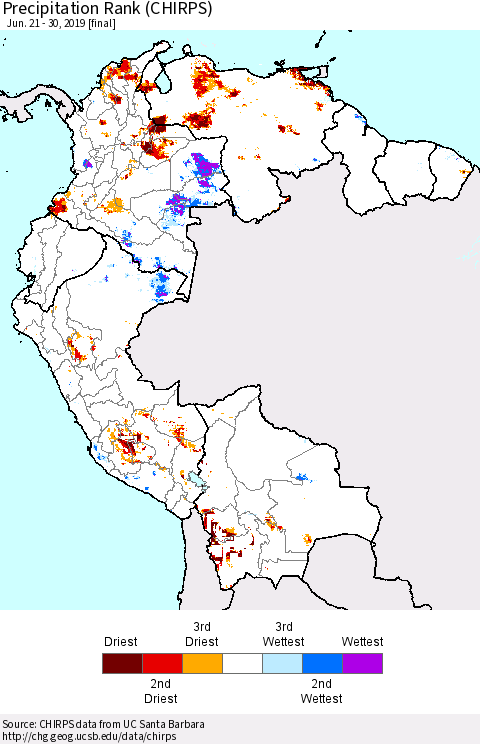 Northern South America Precipitation Rank since 1981 (CHIRPS) Thematic Map For 6/21/2019 - 6/30/2019