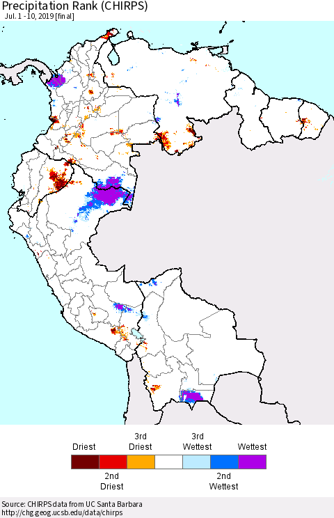 Northern South America Precipitation Rank since 1981 (CHIRPS) Thematic Map For 7/1/2019 - 7/10/2019
