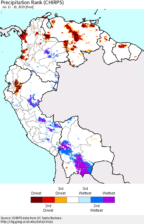 Northern South America Precipitation Rank since 1981 (CHIRPS) Thematic Map For 7/11/2019 - 7/20/2019