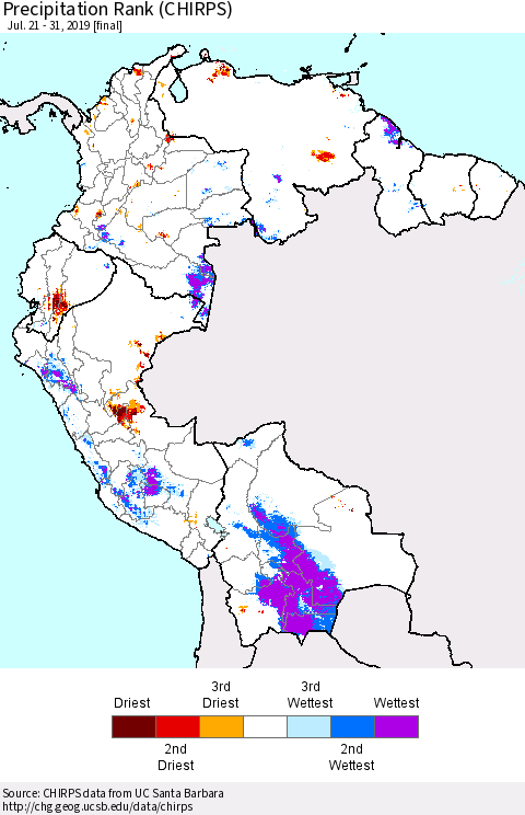 Northern South America Precipitation Rank since 1981 (CHIRPS) Thematic Map For 7/21/2019 - 7/31/2019