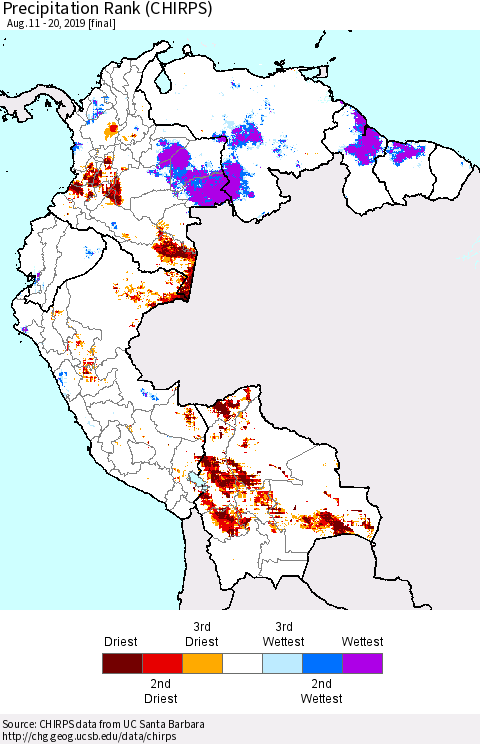 Northern South America Precipitation Rank since 1981 (CHIRPS) Thematic Map For 8/11/2019 - 8/20/2019