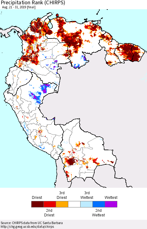 Northern South America Precipitation Rank since 1981 (CHIRPS) Thematic Map For 8/21/2019 - 8/31/2019