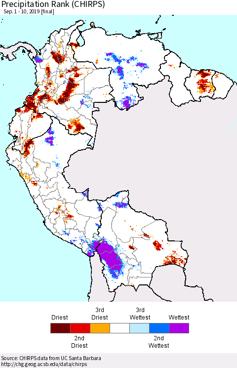 Northern South America Precipitation Rank since 1981 (CHIRPS) Thematic Map For 9/1/2019 - 9/10/2019