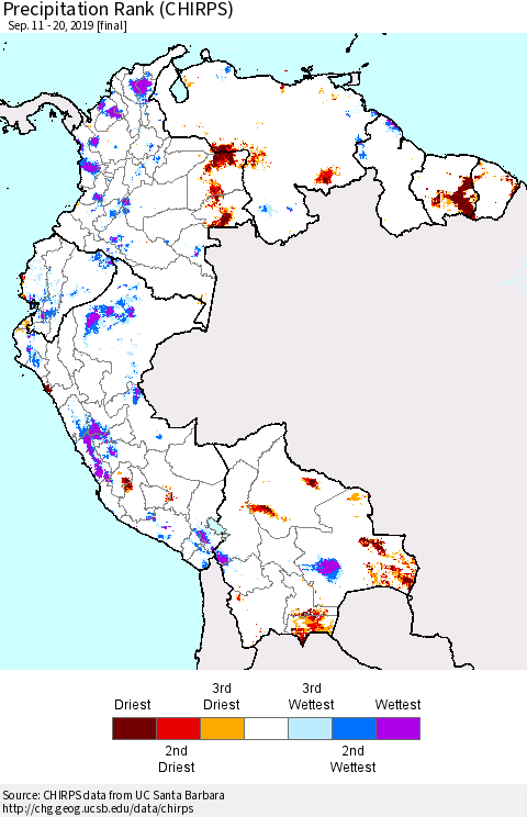 Northern South America Precipitation Rank since 1981 (CHIRPS) Thematic Map For 9/11/2019 - 9/20/2019