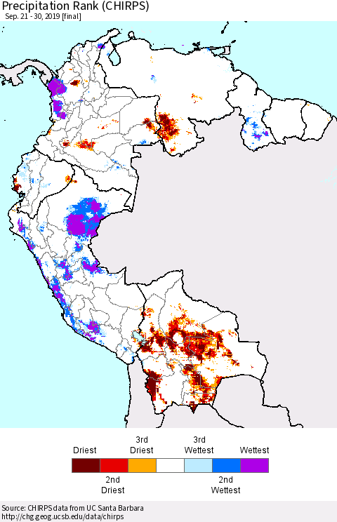 Northern South America Precipitation Rank since 1981 (CHIRPS) Thematic Map For 9/21/2019 - 9/30/2019