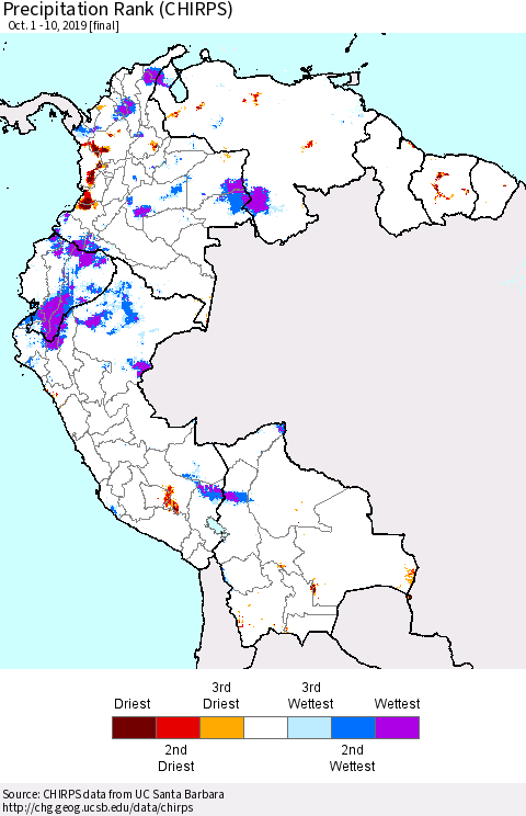 Northern South America Precipitation Rank since 1981 (CHIRPS) Thematic Map For 10/1/2019 - 10/10/2019