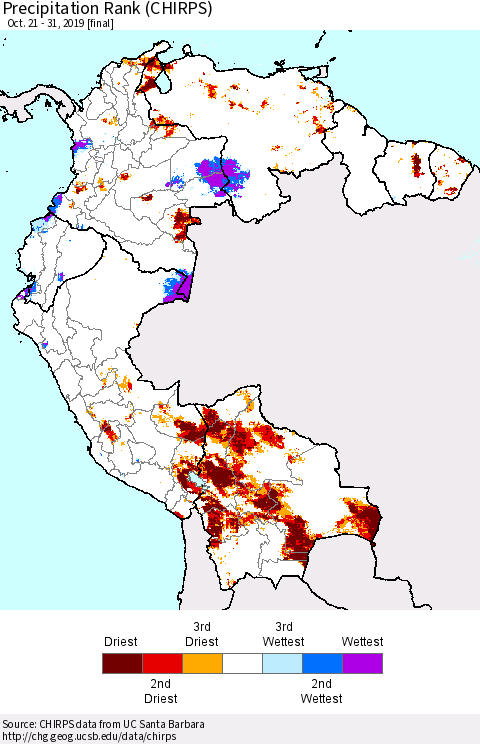 Northern South America Precipitation Rank since 1981 (CHIRPS) Thematic Map For 10/21/2019 - 10/31/2019