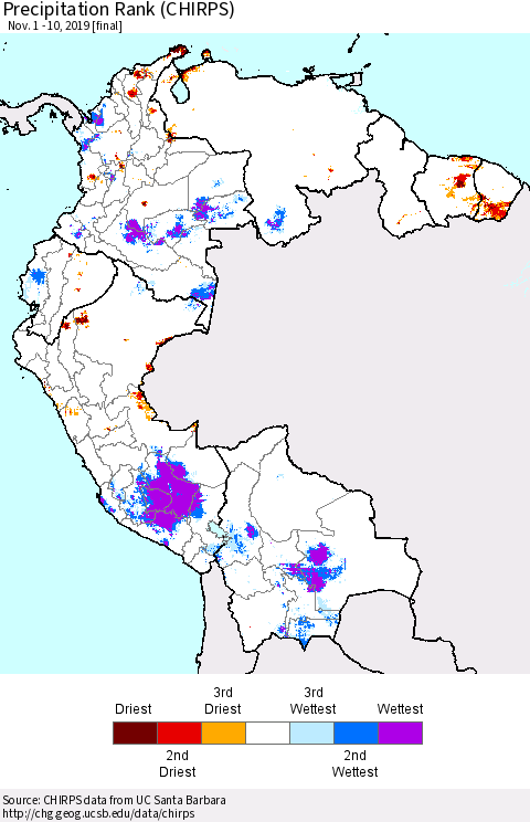 Northern South America Precipitation Rank (CHIRPS) Thematic Map For 11/1/2019 - 11/10/2019