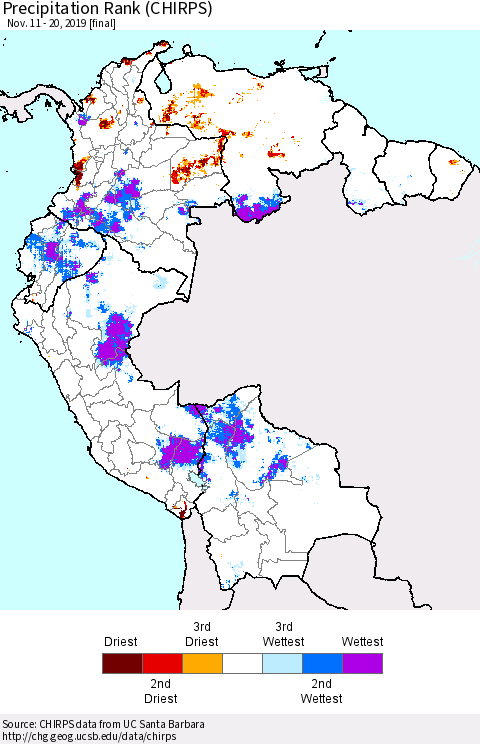 Northern South America Precipitation Rank since 1981 (CHIRPS) Thematic Map For 11/11/2019 - 11/20/2019